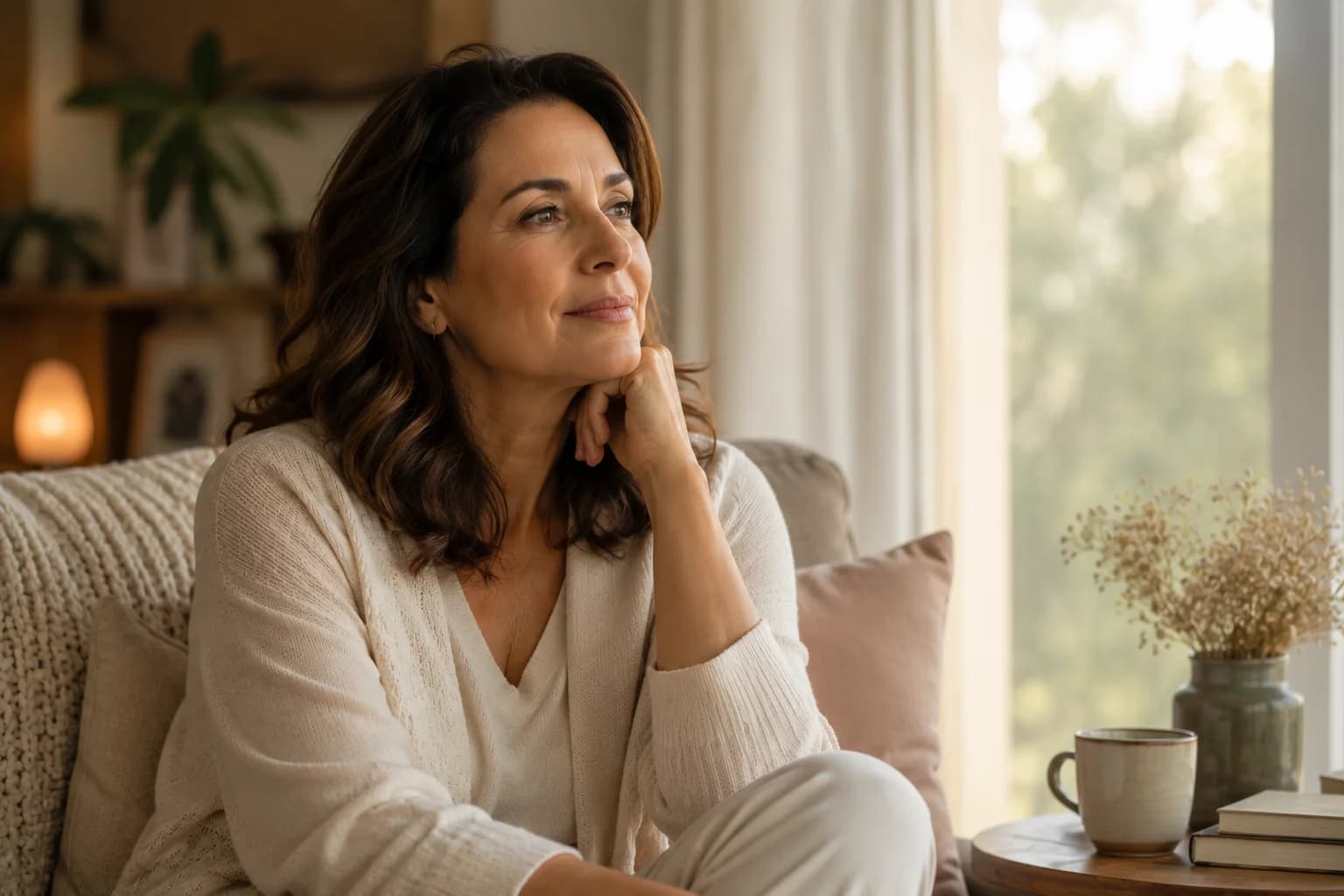 Mulher madura em ambiente acolhedor refletindo sobre os primeiros sinais da menopausa