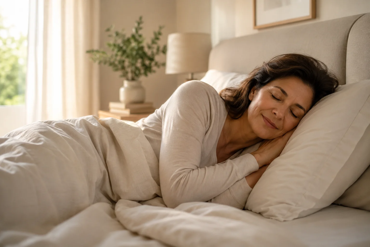 Mulher madura dormindo tranquilamente em quarto aconchegante representando boa qualidade de sono na menopausa