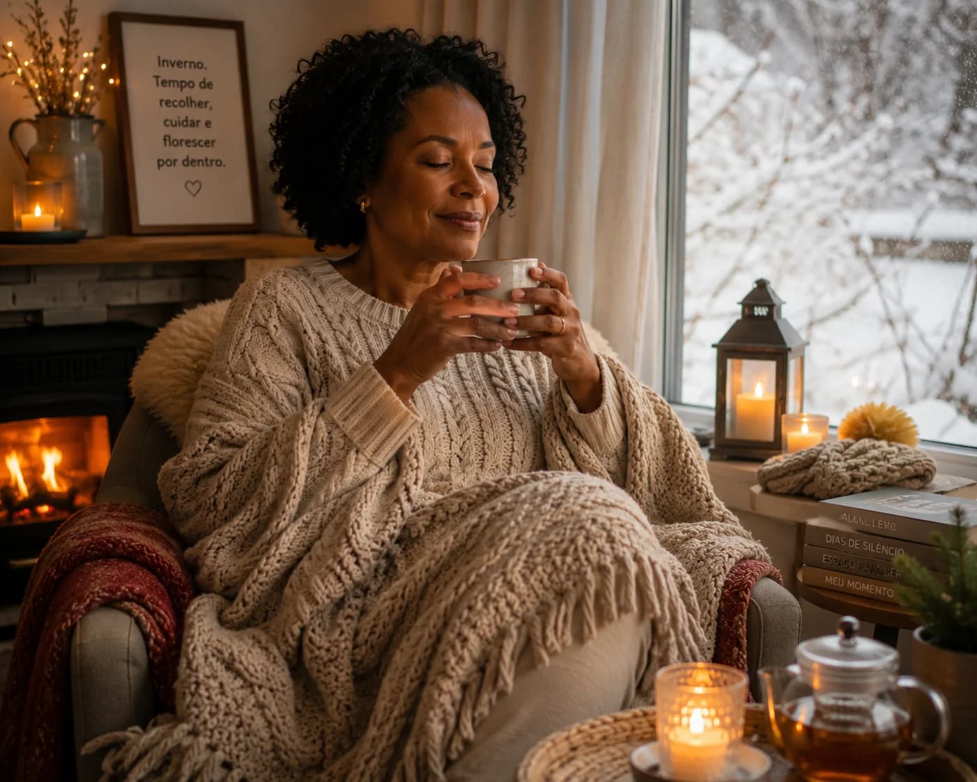 inverno e menopausa: mulher madura tomando chá quente em casa durante o inverno