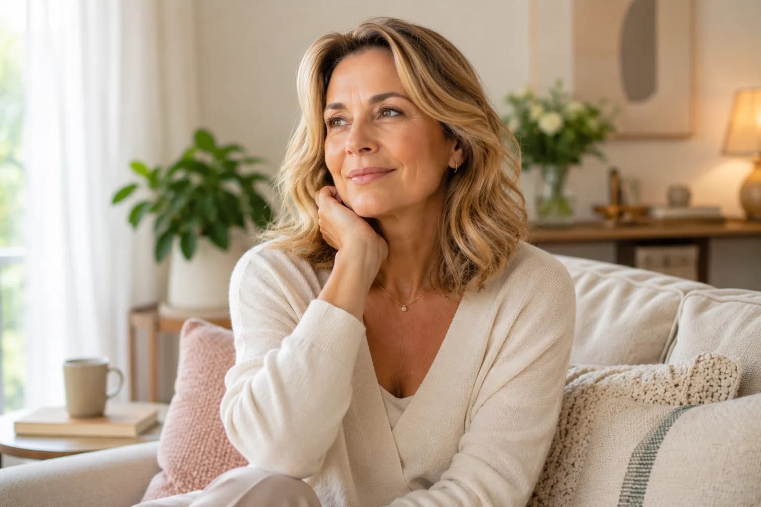 terapia de reposição hormonal na menopausa: mulher sorrindo com expressão serena