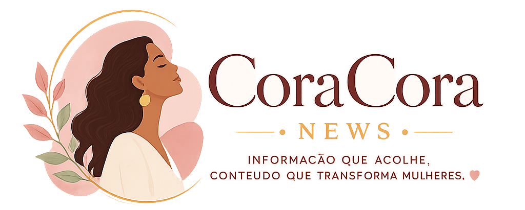 Logo elegante do CoraCora News com ilustração feminina sofisticada representando acolhimento, autoestima, bem-estar e transformação da mulher.